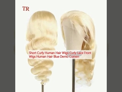 Kurze lockige menschliche Haare Perücken lockige Spitze Front Perücken menschliche Haare Blaue Demo Comen